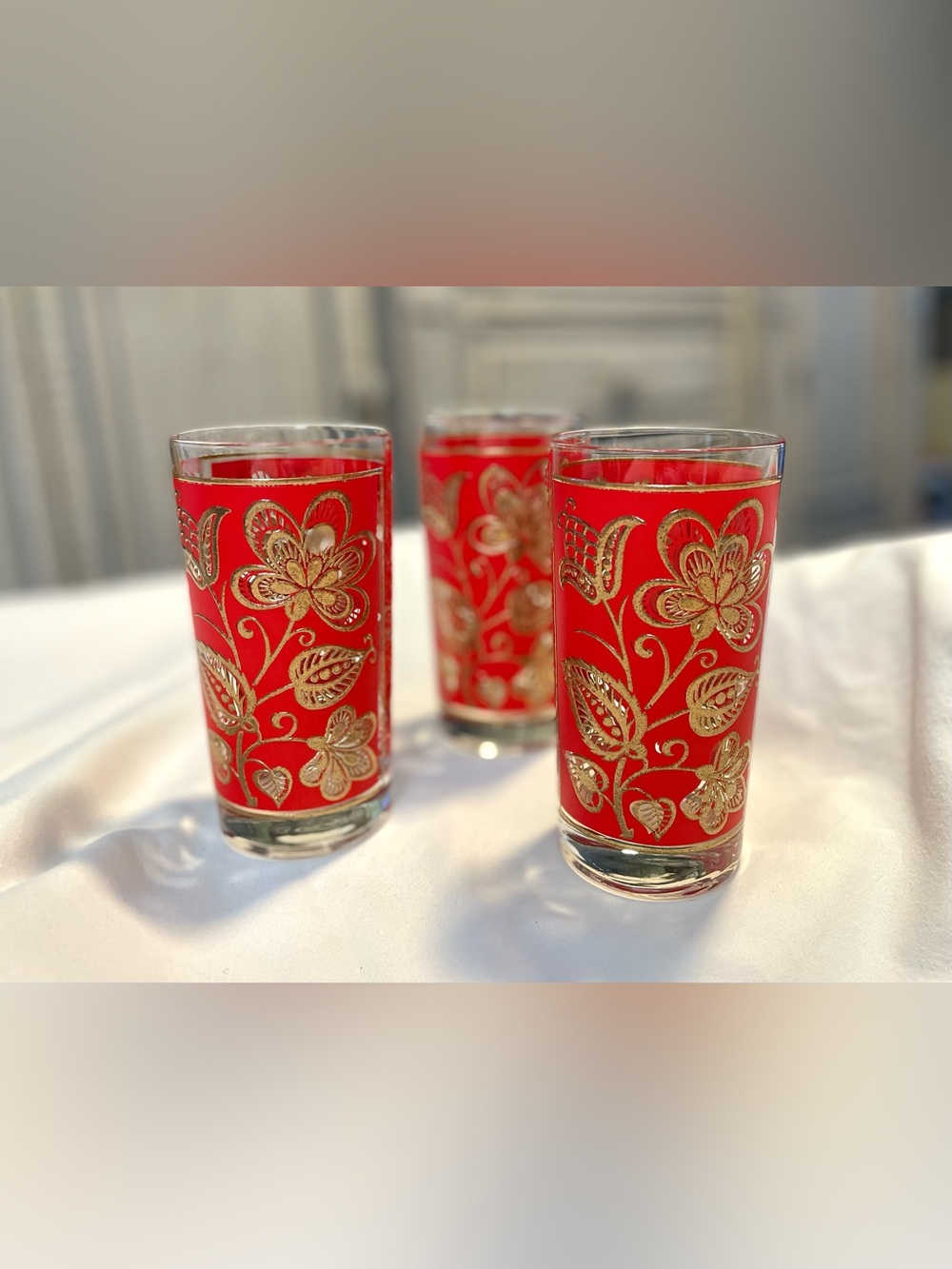 *VINTAGE* 3 MCM Libbey Gold/Red Tapestry Highball Glasses - Leaf/Floral Tumblers